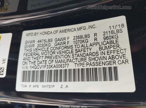 1HGCV1F33KA006377 2019 HONDA ACCORD Black Շարժիչի բաժամունքի տեսք