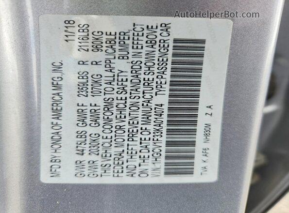 1HGCV1F33KA014074 2019 HONDA ACCORD Silver Widok komory silnika