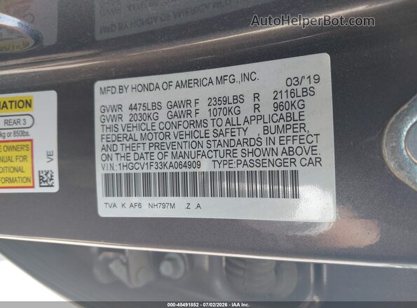 1HGCV1F33KA064909 2019 HONDA ACCORD Gray Շարժիչի բաժամունքի տեսք