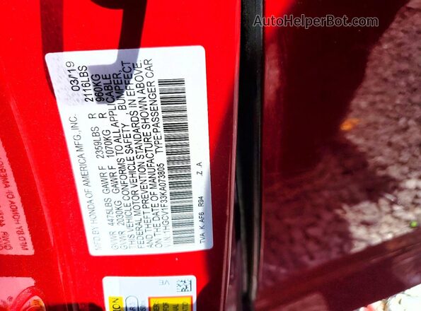 1HGCV1F33KA073805 2019 HONDA ACCORD Red VIN sticker view