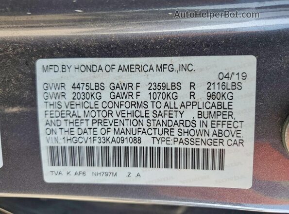 1HGCV1F33KA091088 2019 HONDA ACCORD Gray Вид підкапотного простору