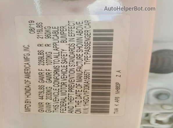 1HGCV1F33KA156571 2019 HONDA ACCORD White VIN sticker view