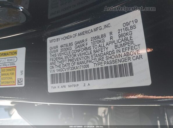 1HGCV1F33KA171006 2019 HONDA ACCORD Black Vista del compartimento del motor