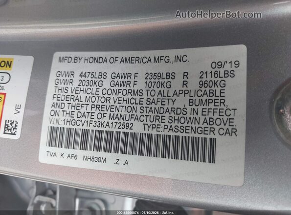 1HGCV1F33KA172592 2019 HONDA ACCORD Gray Շարժիչի բաժամունքի տեսք