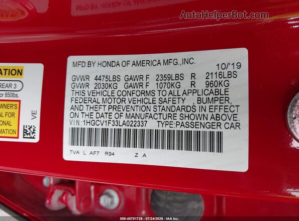 1HGCV1F33LA022337 2020 HONDA ACCORD Red Engine compartment view