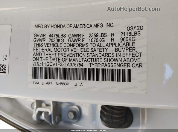 1HGCV1F33LA076754 2020 HONDA ACCORD White Widok komory silnika