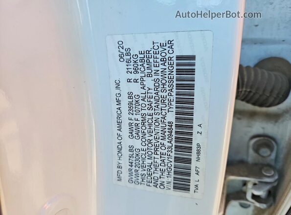 1HGCV1F33LA094848 2020 HONDA ACCORD White Շարժիչի բաժամունքի տեսք