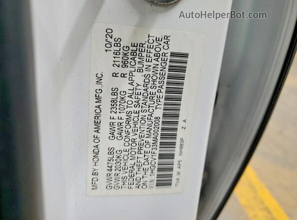 1HGCV1F33MA002008 2021 HONDA ACCORD White Widok komory silnika