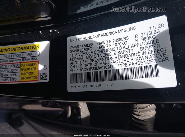 1HGCV1F33MA016247 2021 HONDA ACCORD Черный Вид подкапотного пространства