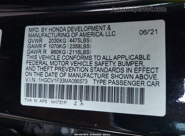 1HGCV1F33MA086573 2021 HONDA ACCORD Black Vista del compartimento del motor