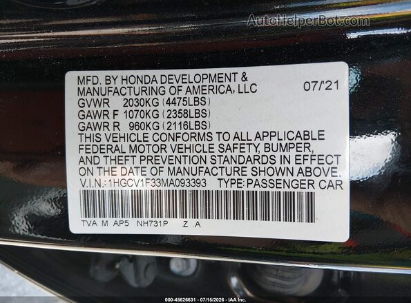 1HGCV1F33MA093393 2021 HONDA ACCORD Black Widok komory silnika