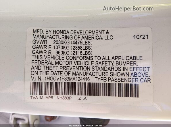 1HGCV1F33MA124416 2021 HONDA ACCORD White Vista del compartimento del motor