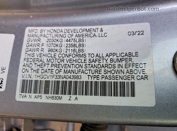 1HGCV1F33NA043983 2022 HONDA ACCORD Серебряный Вид подкапотного пространства