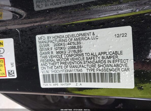 1HGCV1F33NA117645 2022 HONDA ACCORD Черный Вид подкапотного пространства