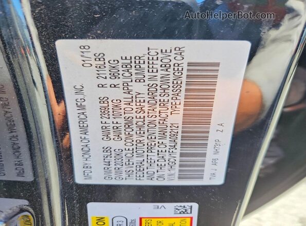 1HGCV1F34JA092121 2018 HONDA ACCORD Black ძრავის განყოფილების ხედი