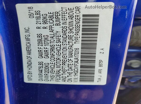 1HGCV1F34JA170316 2018 HONDA ACCORD Blue Вид підкапотного простору