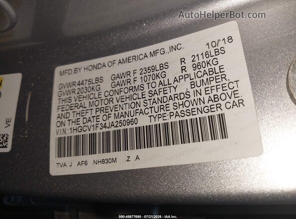 1HGCV1F34JA250960 2018 HONDA ACCORD Gray Շարժիչի բաժամունքի տեսք
