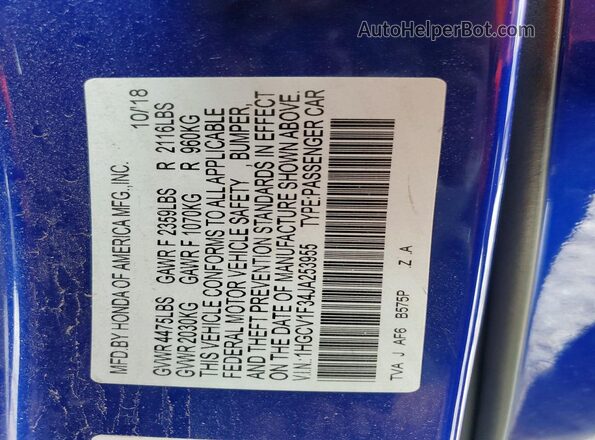 1HGCV1F34JA253955 2018 HONDA ACCORD Blue Engine compartment view