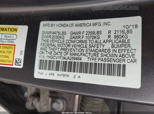 1HGCV1F34JA259464 2018 HONDA ACCORD Gray Widok komory silnika