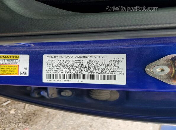 1HGCV1F34KA006467 2019 HONDA ACCORD Blue VIN კოდის სტიკერის ხედი