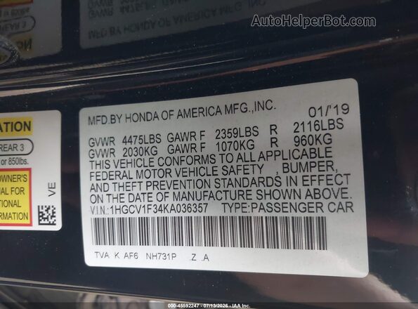 1HGCV1F34KA036357 2019 HONDA ACCORD Black ძრავის განყოფილების ხედი