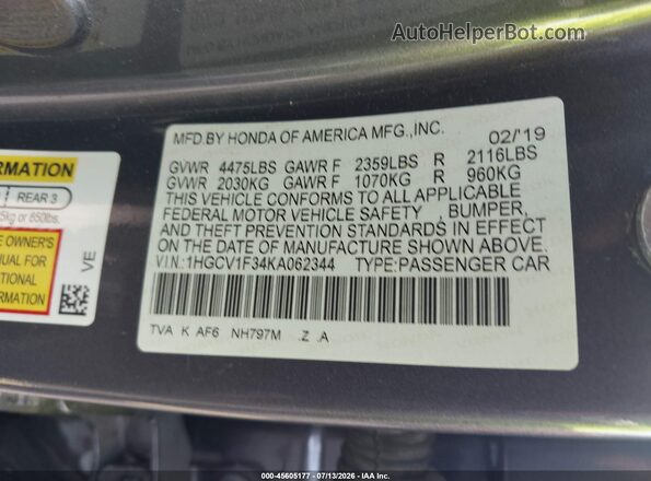 1HGCV1F34KA062344 2019 HONDA ACCORD Gray Widok komory silnika