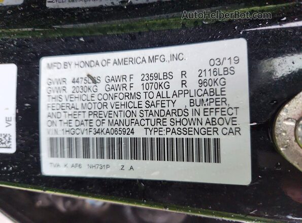 1HGCV1F34KA065924 2019 HONDA ACCORD Black VIN კოდის სტიკერის ხედი