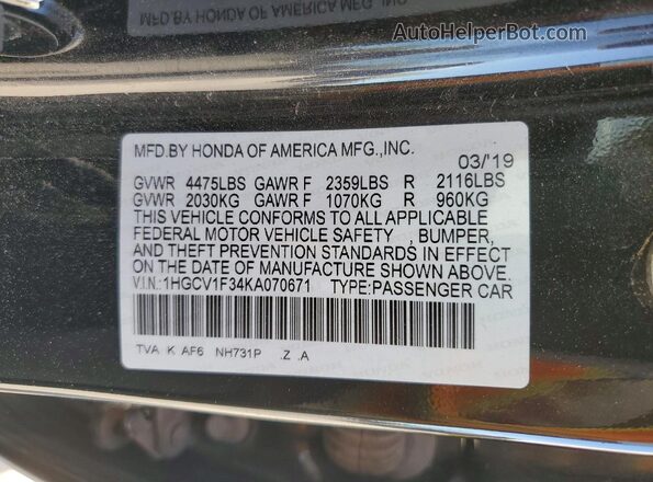 1HGCV1F34KA070671 2019 HONDA ACCORD Black Vista del compartimento del motor