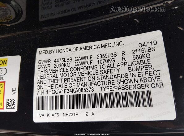 1HGCV1F34KA085378 2019 HONDA ACCORD Black Engine compartment view