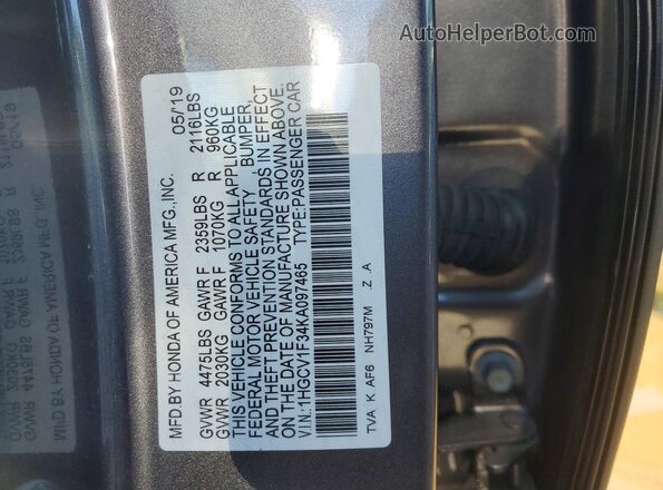 1HGCV1F34KA097465 2019 HONDA ACCORD Gray Շարժիչի բաժամունքի տեսք