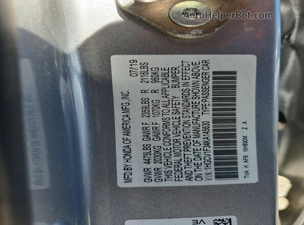 1HGCV1F34KA145630 2019 HONDA ACCORD Silver Вид підкапотного простору