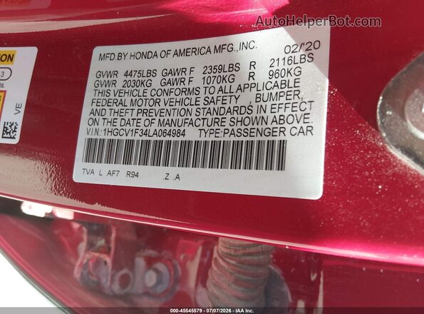 1HGCV1F34LA064984 2020 HONDA ACCORD Red ძრავის განყოფილების ხედი