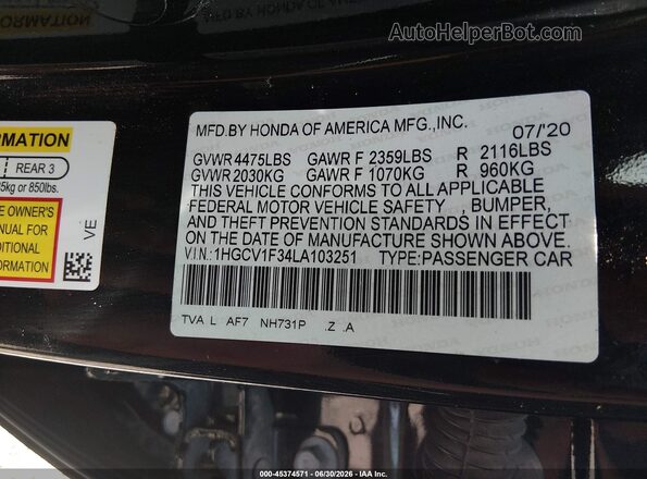 1HGCV1F34LA103251 2020 HONDA ACCORD Черный Вид подкапотного пространства