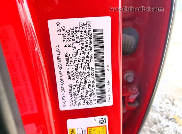 1HGCV1F34LA120891 2020 HONDA ACCORD Red Вид підкапотного простору