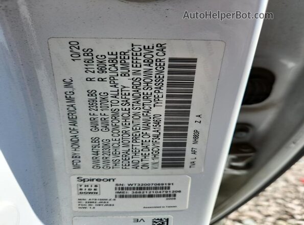 1HGCV1F34LA154670 2020 HONDA ACCORD Белый Вид подкапотного пространства