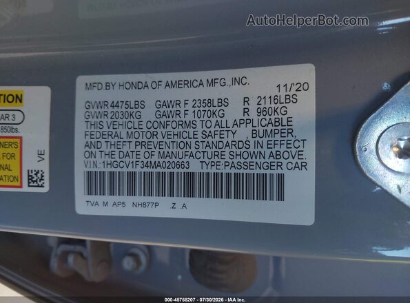 1HGCV1F34MA020663 2021 HONDA ACCORD Blue Vista del compartimento del motor