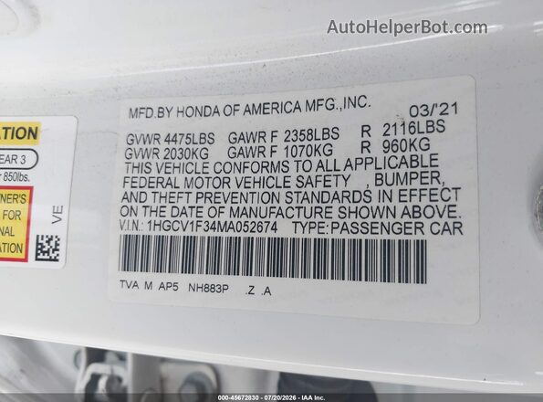 1HGCV1F34MA052674 2021 HONDA ACCORD White Widok komory silnika