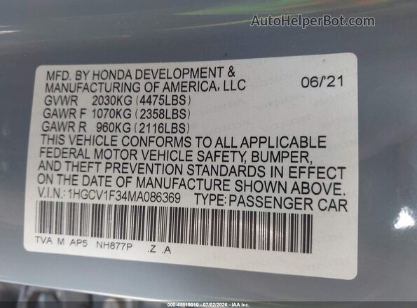 1HGCV1F34MA086369 2021 HONDA ACCORD Gray Engine compartment view