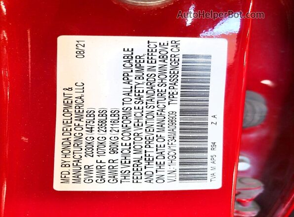 1HGCV1F34MA098909 2021 HONDA ACCORD Red Widok komory silnika