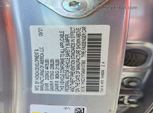 1HGCV1F34MA107883 2021 HONDA ACCORD Silver Engine compartment view