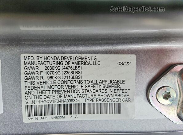1HGCV1F34NA036346 2022 HONDA ACCORD Серебряный Вид подкапотного пространства