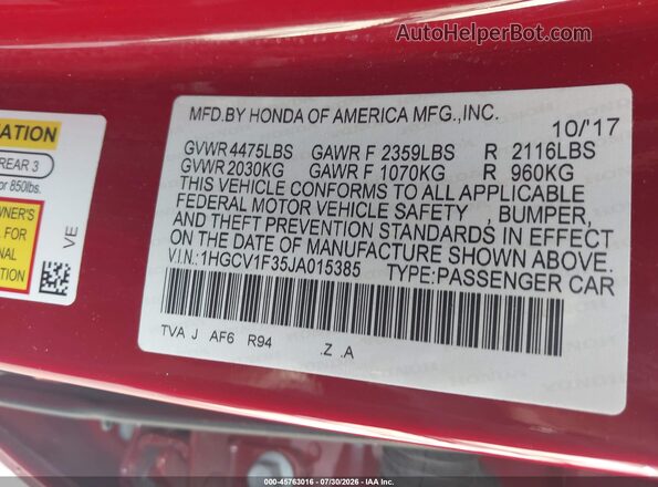 1HGCV1F35JA015385 2018 HONDA ACCORD Red Вид підкапотного простору