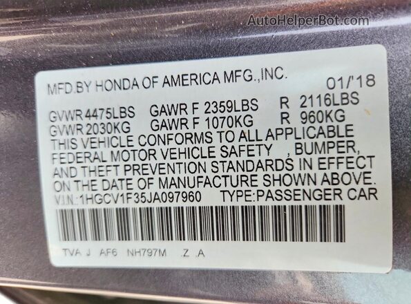 1HGCV1F35JA097960 2018 HONDA ACCORD Gray Widok naklejki z numerem VIN