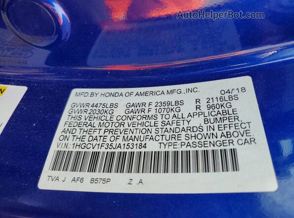 1HGCV1F35JA153184 2018 HONDA ACCORD Черный Вид подкапотного пространства