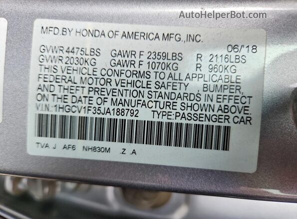 1HGCV1F35JA188792 2018 HONDA ACCORD Silver Вид підкапотного простору