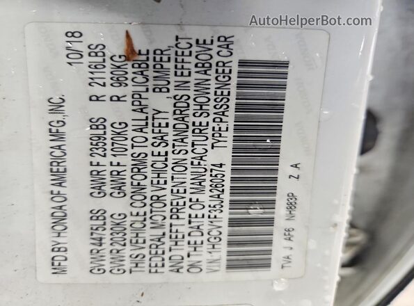 1HGCV1F35JA260574 2018 HONDA ACCORD White Շարժիչի բաժամունքի տեսք