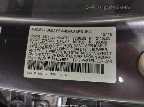 1HGCV1F35KA024637 2019 HONDA ACCORD Серый Вид подкапотного пространства