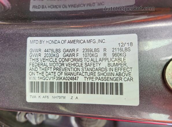 1HGCV1F35KA024847 2019 HONDA ACCORD Gray Widok komory silnika