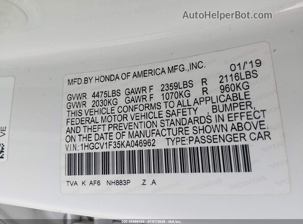 1HGCV1F35KA046962 2019 HONDA ACCORD White Вид підкапотного простору