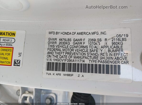 1HGCV1F35KA111714 2019 HONDA ACCORD White Engine compartment view